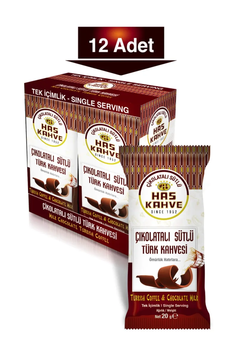 Has Single-Serve Chocolate-Flavored Turkish Coffee with Milk, 12-Pack, 20 g